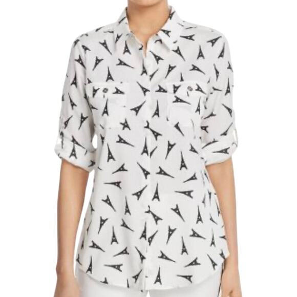 Karl Lagerfeld Paris Eiffel Tower Print Blouse Roll-Tab Sleeves Size Large - Picture 1 of 10